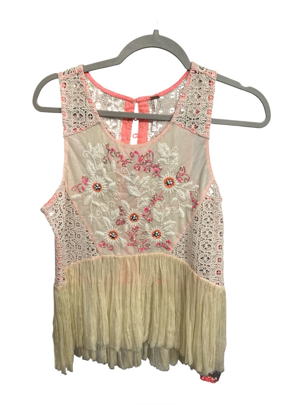 Free People Moonglow Whimsy Top M Ivory Lace Embroidered Boho Fringe Tank